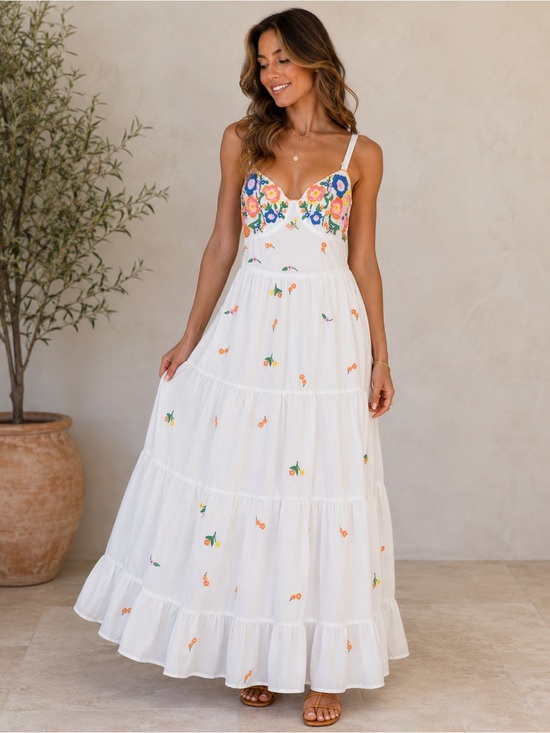Jacquie the label Dresses & Skirts - Jacquie Garden party White Midi Dress with Multicolor Floral Embroidery Size M